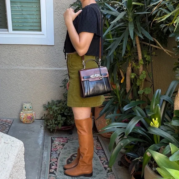 Vintage Black/Brown Brighton Leather Top-Handle Bag with Silver Hardware - Picture 3 of 16